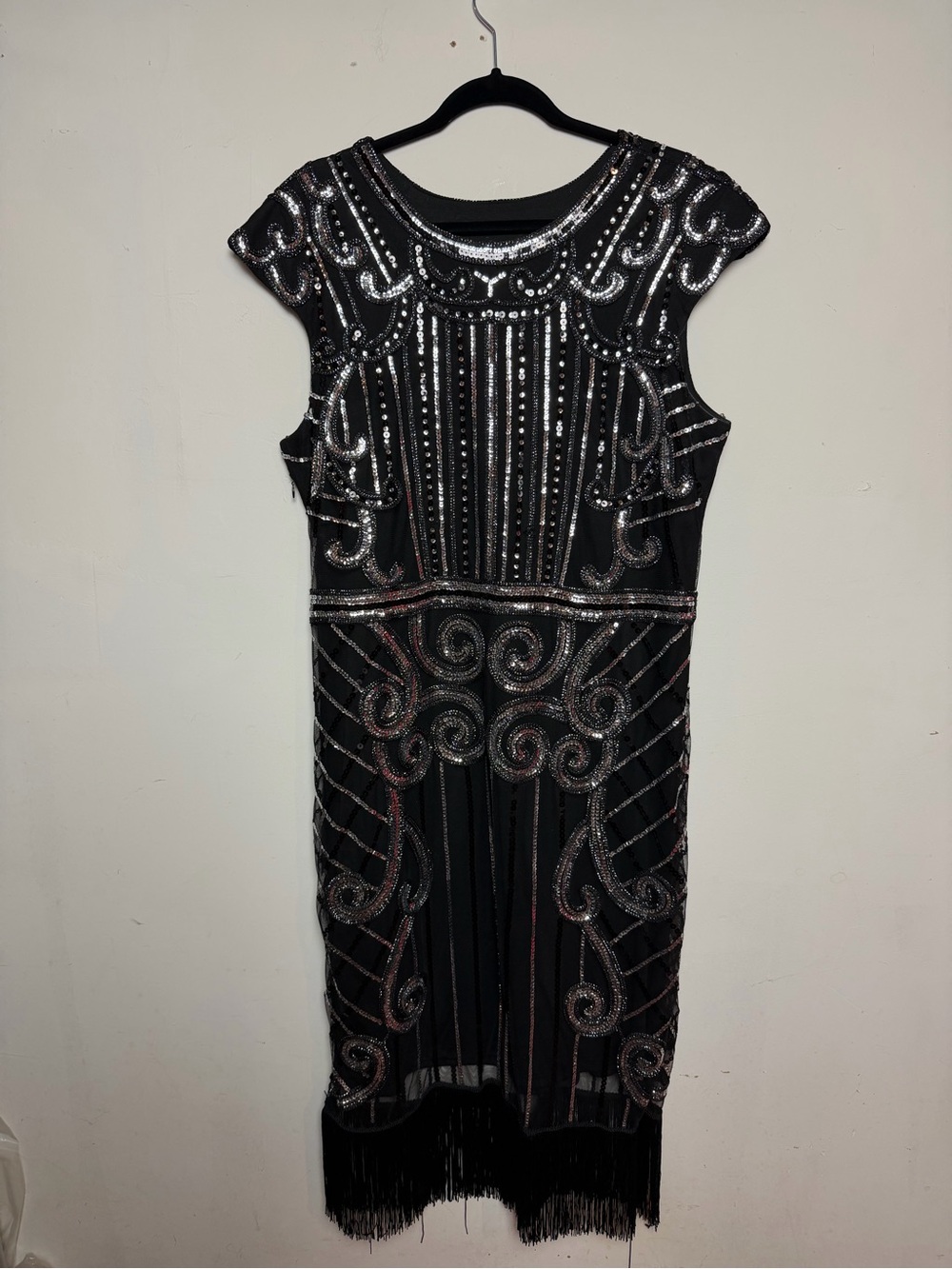 Black Silver Sequin Beaded Flapper Dress XXL Gatsby Art Deco Fringe